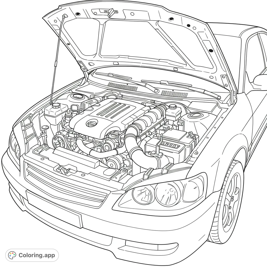 Explore a detailed car engine check coloring page, featuring a car with its hood open and a wrench, perfect for aspiring mechanics.