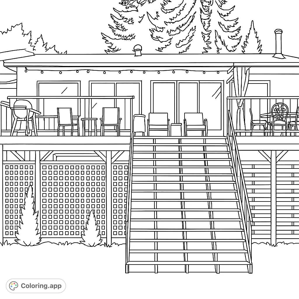 A detailed house with a spacious deck, featuring outdoor furniture, a wide staircase, and intricate lattice and slat patterns below.