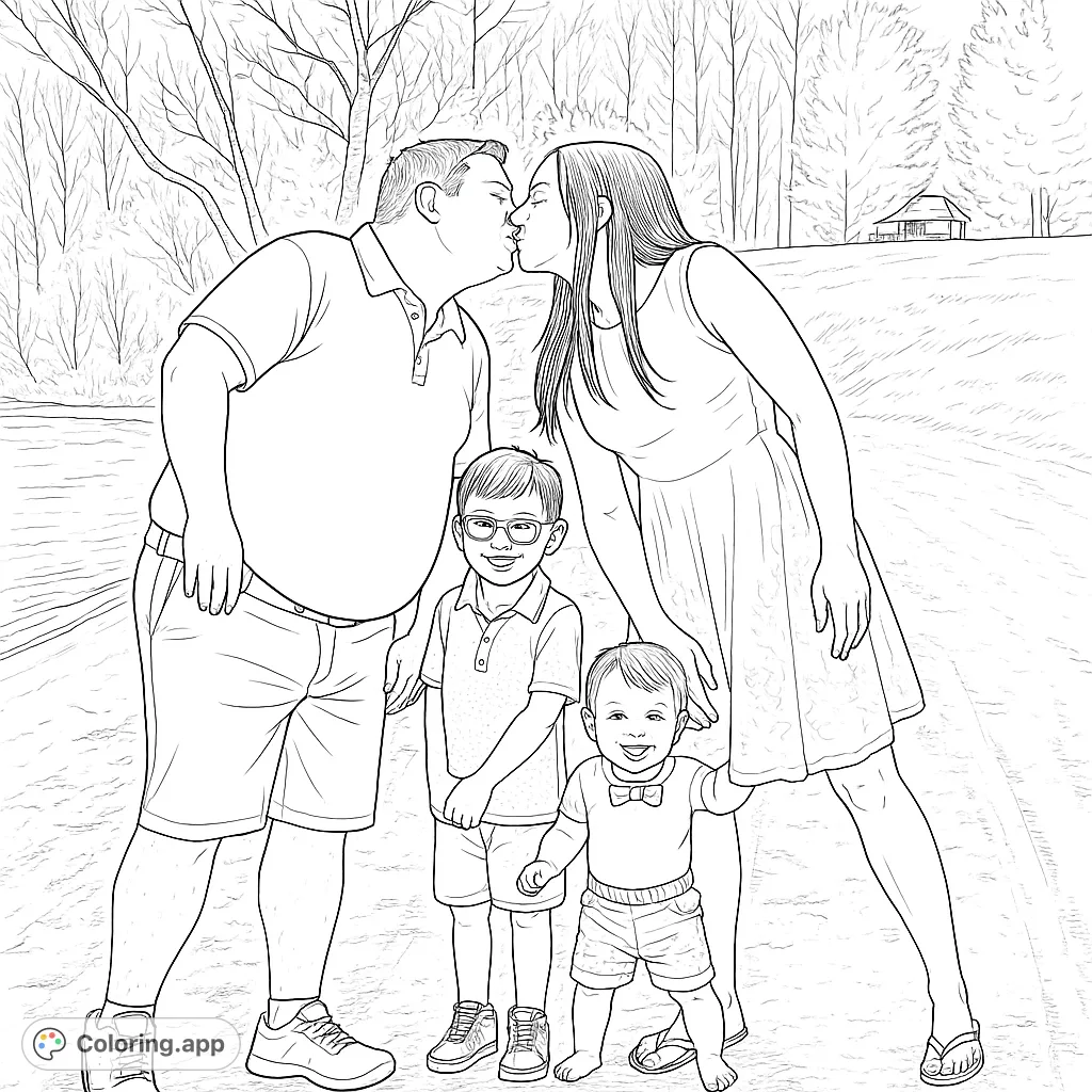 A heartwarming family scene by the lake, featuring parents kissing and their two young children, perfect for a family bonding coloring activity.