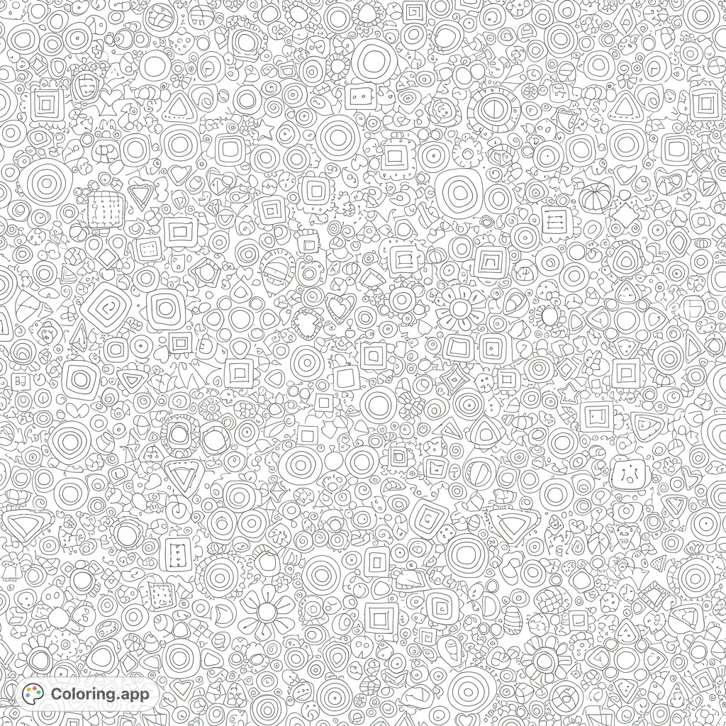 An intricate pattern of diverse geometric shapes like circles, squares, and hexagons, offering a challenging and creative coloring experience.