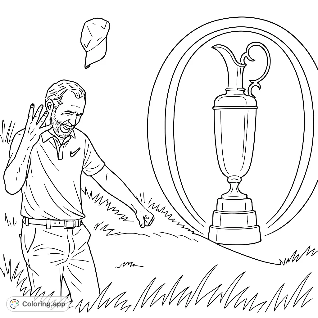 A joyful golfer celebrates with his hat in the air, set against a large trophy emblem and grassy course. Perfect for sports fans.