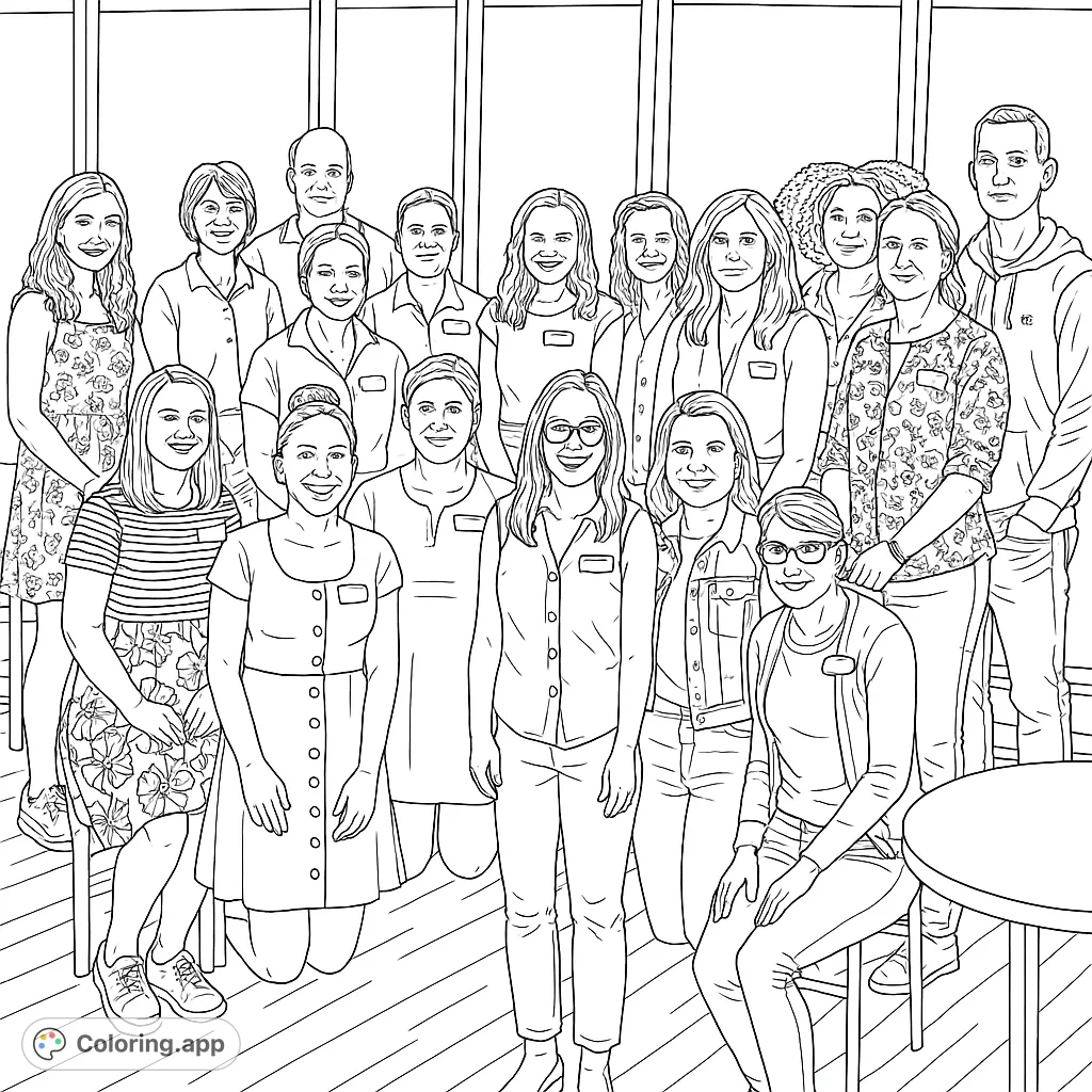 A detailed coloring page featuring a diverse group of smiling adults, perfect for practicing portraiture and exploring various textures and patterns.
