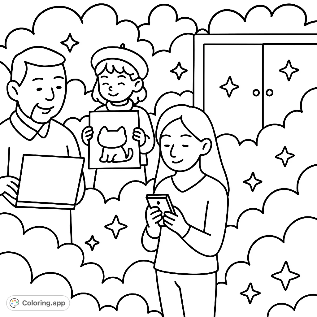 A delightful family scene featuring a man with a laptop, a girl showing her cat drawing, and a woman with a phone, set against a dreamy background. Perfect for all ages!