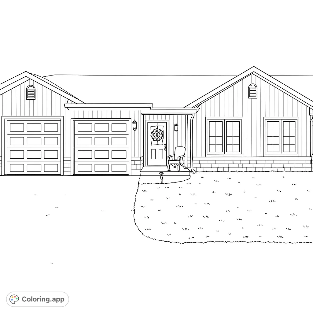 A charming suburban house with two garages, large windows, and a welcoming front door, perfect for a relaxing house coloring page.
