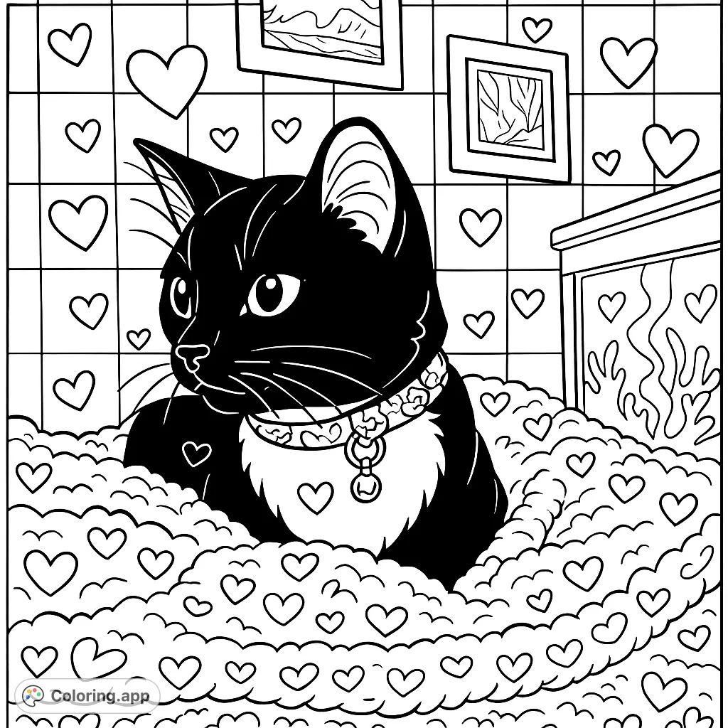 A charming cartoony cat with a bell collar rests on a textured blanket, surrounded by heart patterns and a grid background, perfect for creative coloring.