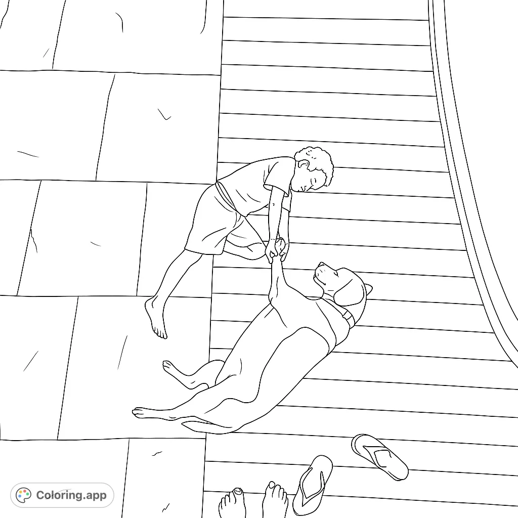 A heartwarming pet friendship coloring page featuring a child and a playful Beagle by the pool, perfect for all ages to color and enjoy.