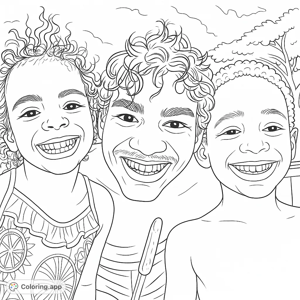 Capture the joy of three smiling children in a delightful portrait. Perfect for adding your own vibrant colors to their playful expressions and curly hair.