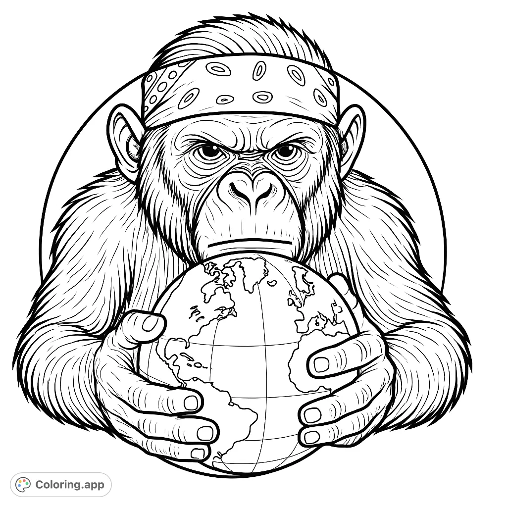 A powerful chimpanzee wearing a bandana, holding the Earth gently in its hands. A symbolic and thought-provoking animal coloring page.