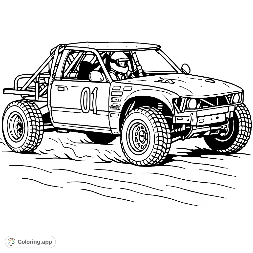 Dynamic off-road racing truck kicking up dust on a rugged track. A challenging off-road truck coloring page for vehicle enthusiasts.
