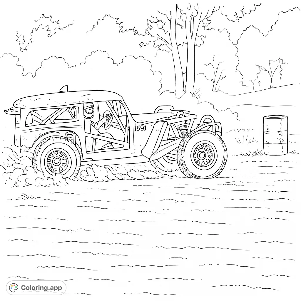 Dynamic off-road buggy kicking up dust on a dirt track. Features a rugged vehicle, detailed tires, and a dusty background. Perfect for vehicle enthusiasts!