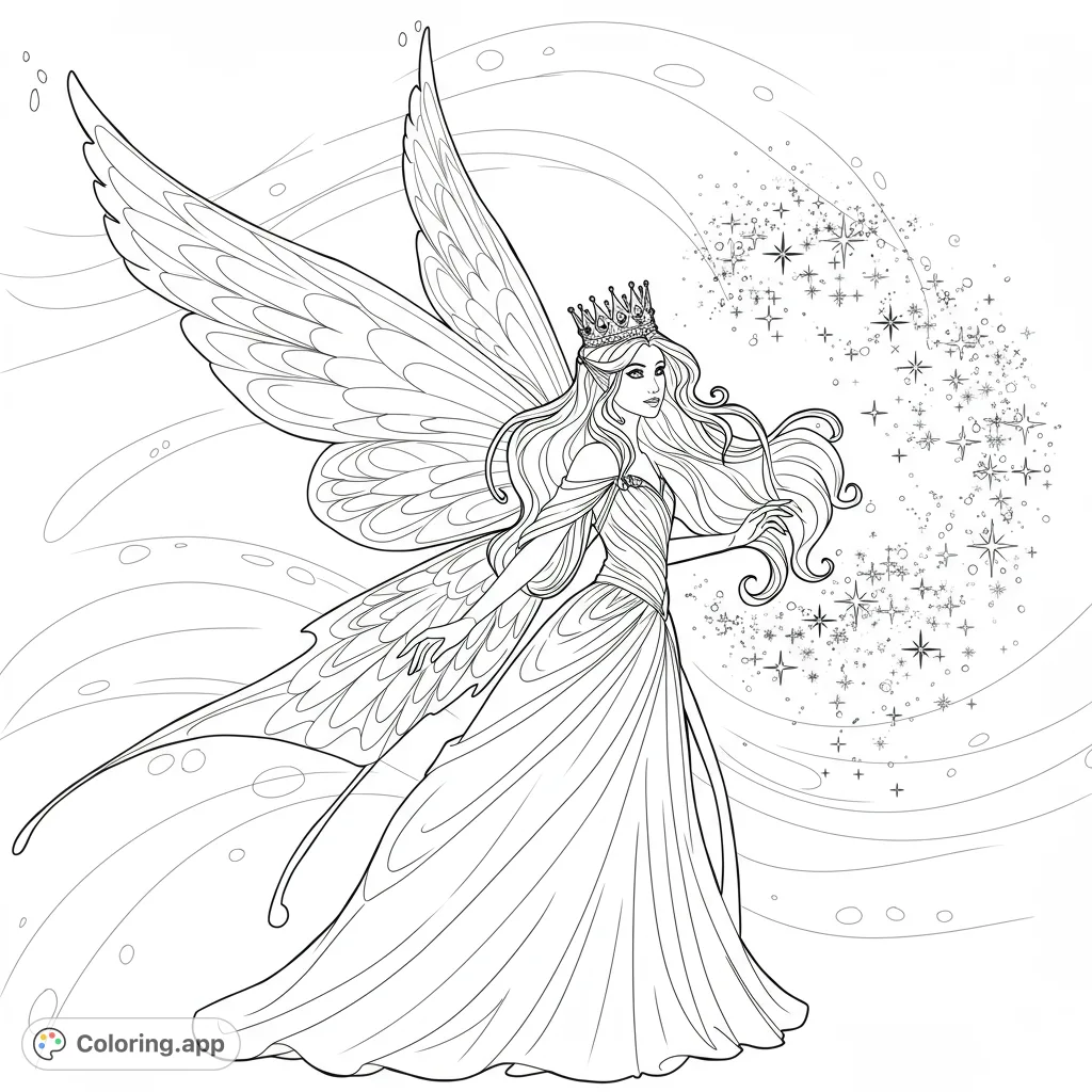 An elegant royal fairy, adorned with a crown, surrounded by magical fairy dust transforming into twinkling stars. A whimsical, enchanting scene.