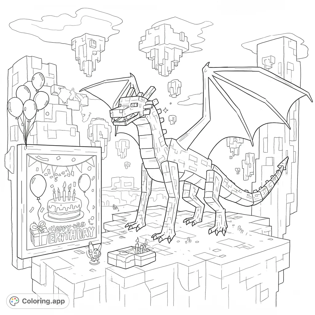 A majestic Minecraft Ender Dragon stands beside a festive birthday-themed sign, perfect for a unique Minecraft coloring page adventure.