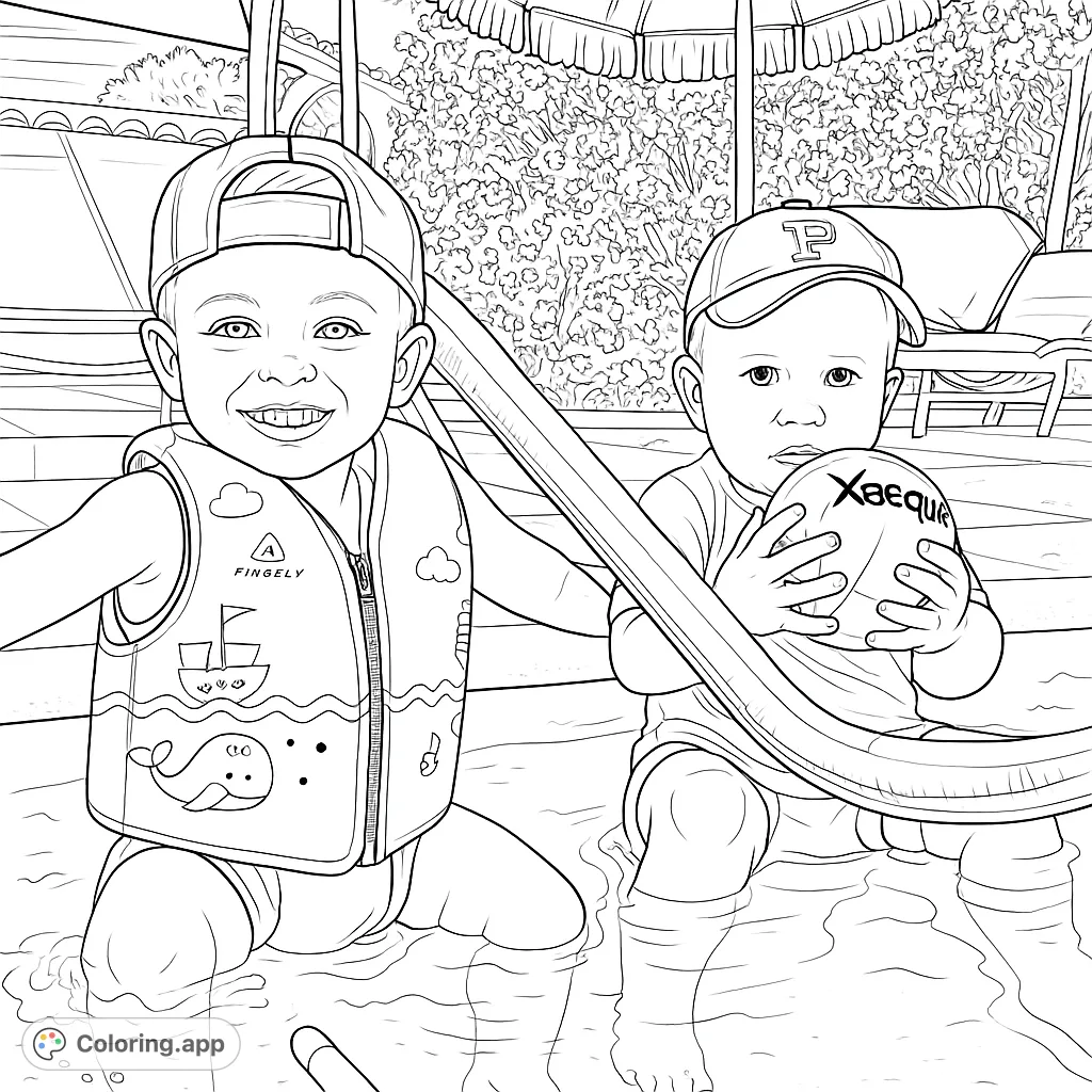 Two cheerful children enjoy a splash in the pool, ready for a fun coloring adventure. Perfect for young artists!