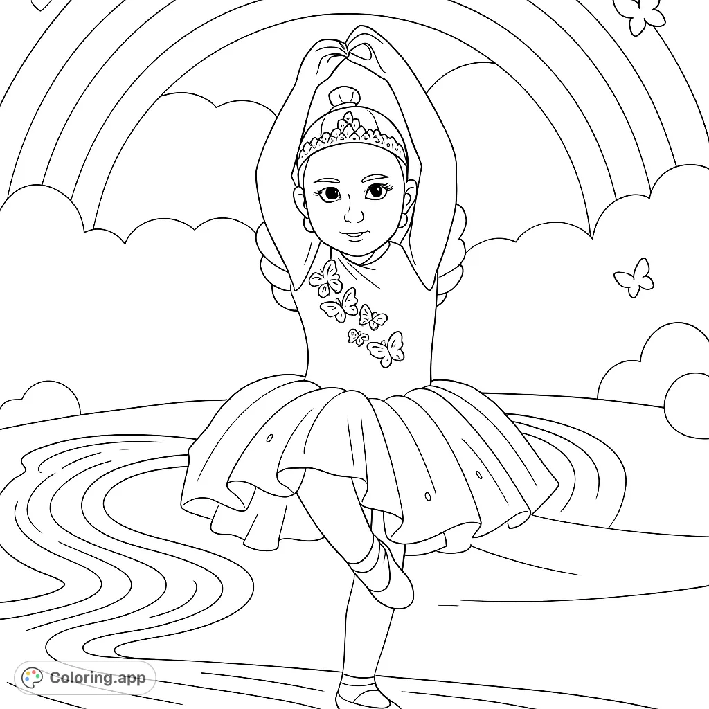 A charming ballerina in a layered tutu and crown, dancing against a whimsical rainbow and cloud backdrop with fluttering butterflies. Perfect for kids!