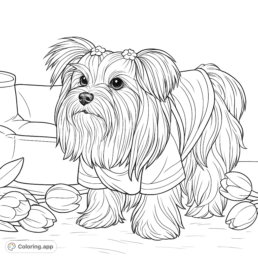 An adorable Yorkshire Terrier in a cute outfit, adorned with flower hair ties and surrounded by tulips. A delightful dog coloring page for all ages!