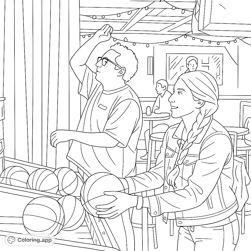 Two friends enjoy an arcade basketball game, capturing a moment of fun and friendly competition in a lively setting.