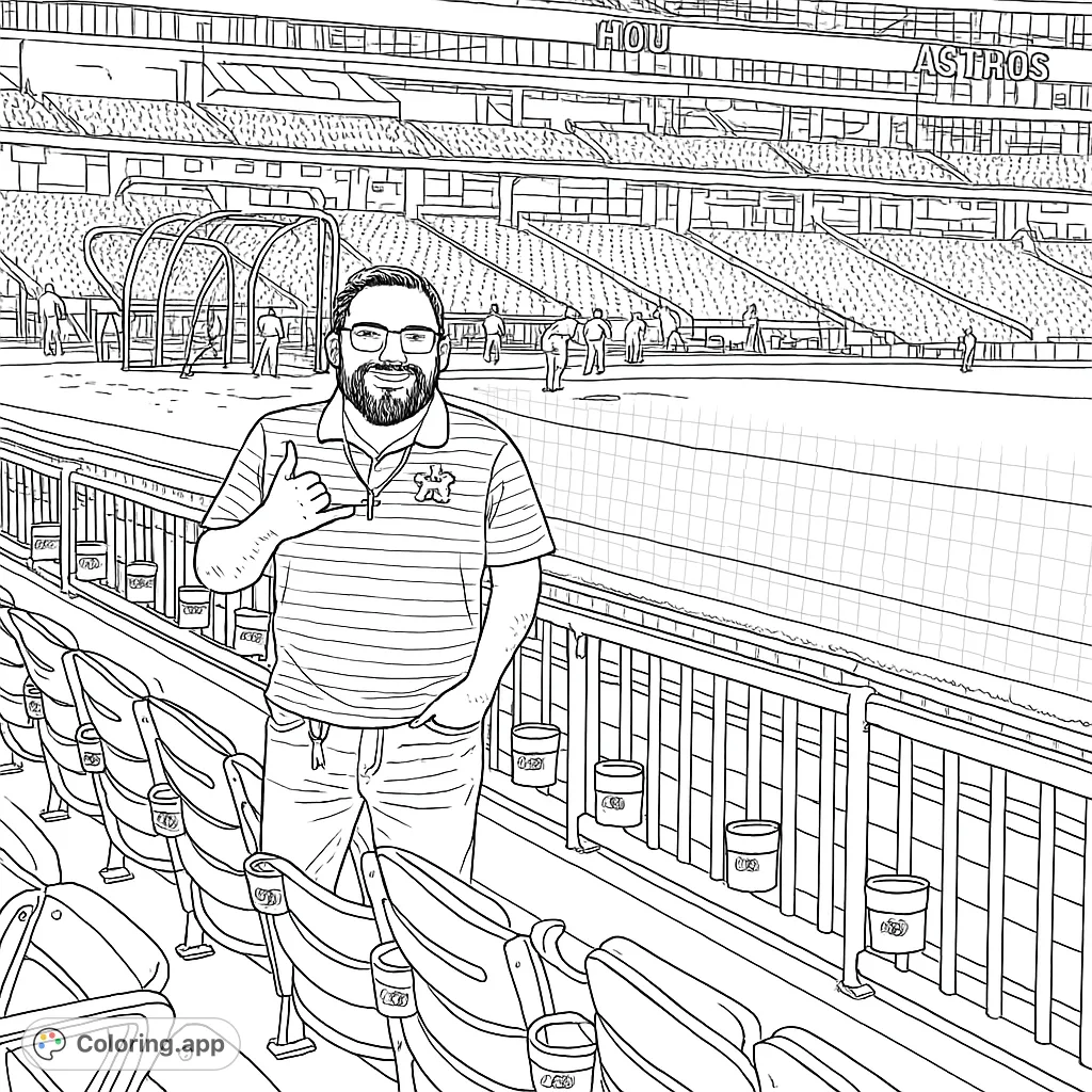 A happy baseball fan at a stadium, ready for a game. Features stadium seating, field, and a friendly face. Perfect for sports enthusiasts!