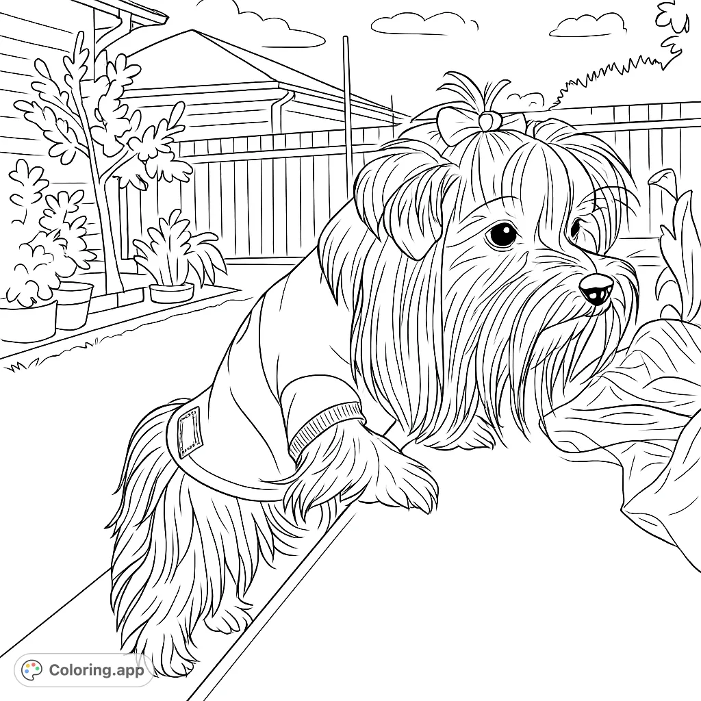 A charming Yorkie dog in a shirt, paws on a table, exploring a backyard scene. Perfect for dog lovers and detailed coloring fun.