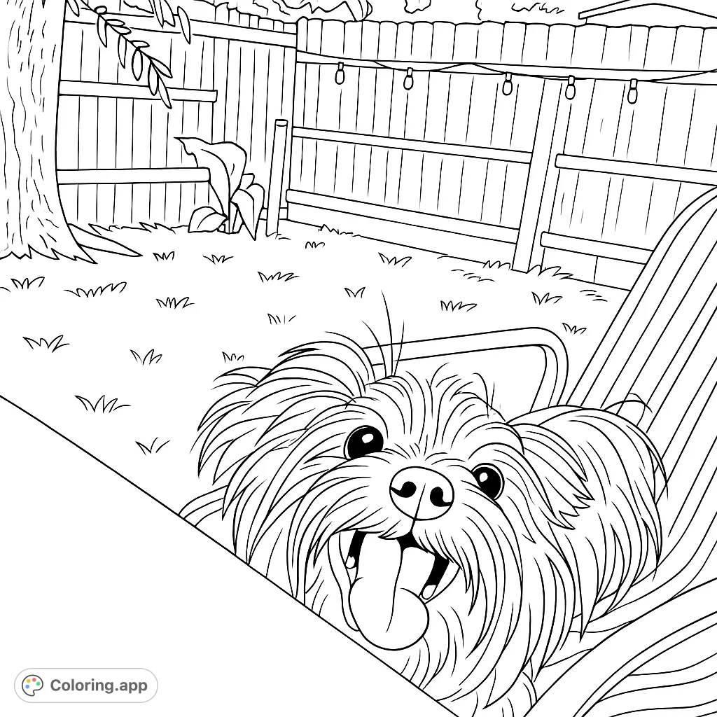 A cheerful small dog with shaggy fur peeks over a surface, tongue out, sitting in a striped chair in a backyard scene with a fence and string lights.