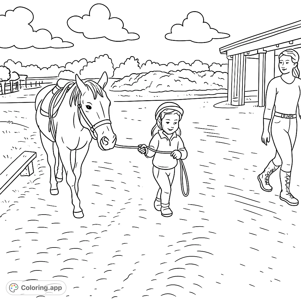 A charming horse coloring page featuring a young girl leading a saddled horse at a stable, perfect for horse lovers and aspiring equestrians.