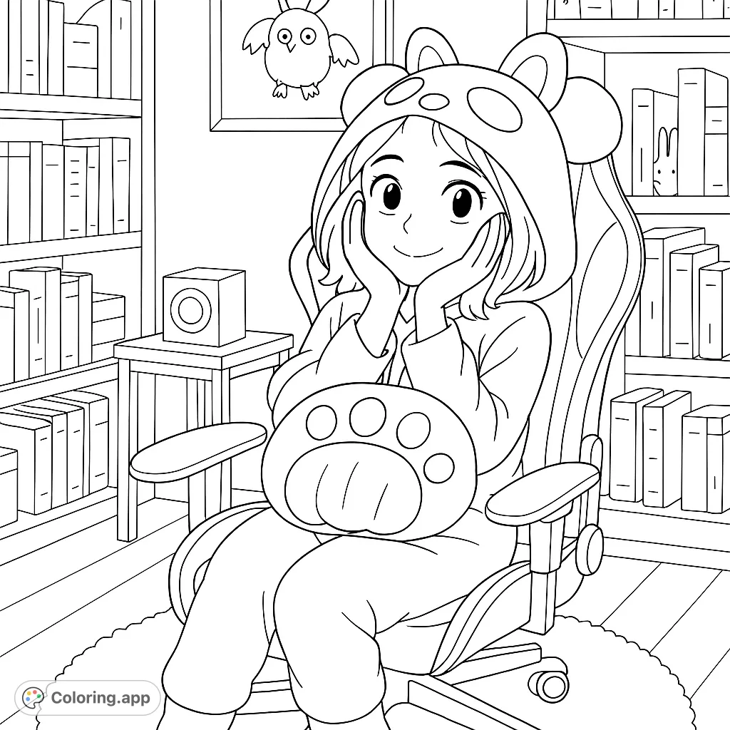A delightful panda onesie coloring page featuring a person in a gaming chair surrounded by bookshelves, perfect for cozy creative fun.