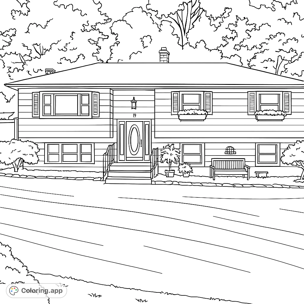 Color a charming split-level house with a vibrant red door, flower boxes, and lush landscaping. A detailed home coloring page for all ages.