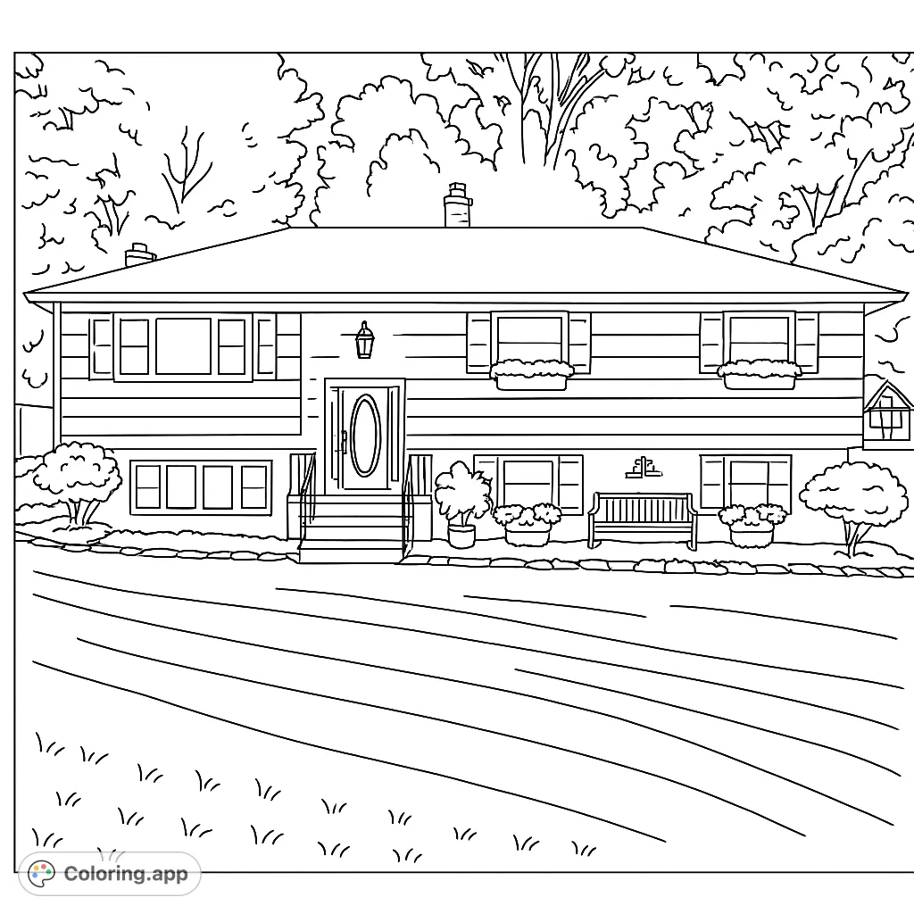 Color a charming two-story house with a welcoming red door, flower boxes, and a lush green lawn. Perfect for a relaxing creative escape.