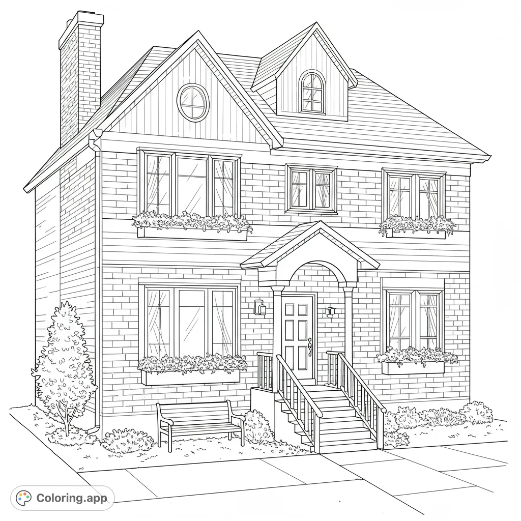 A charming bilevel house coloring page with a hip roof, large windows, and inviting details like flower boxes and a cozy bench.