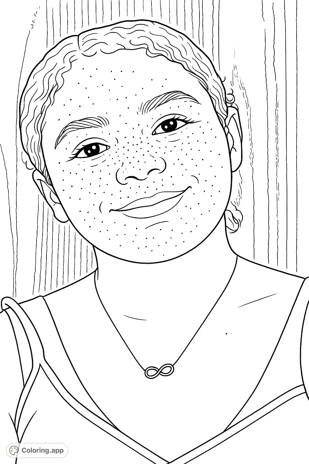 A charming portrait of a smiling young person with freckles and an infinity necklace, set against a textured background. Perfect for personalizing with your favorite colors.
