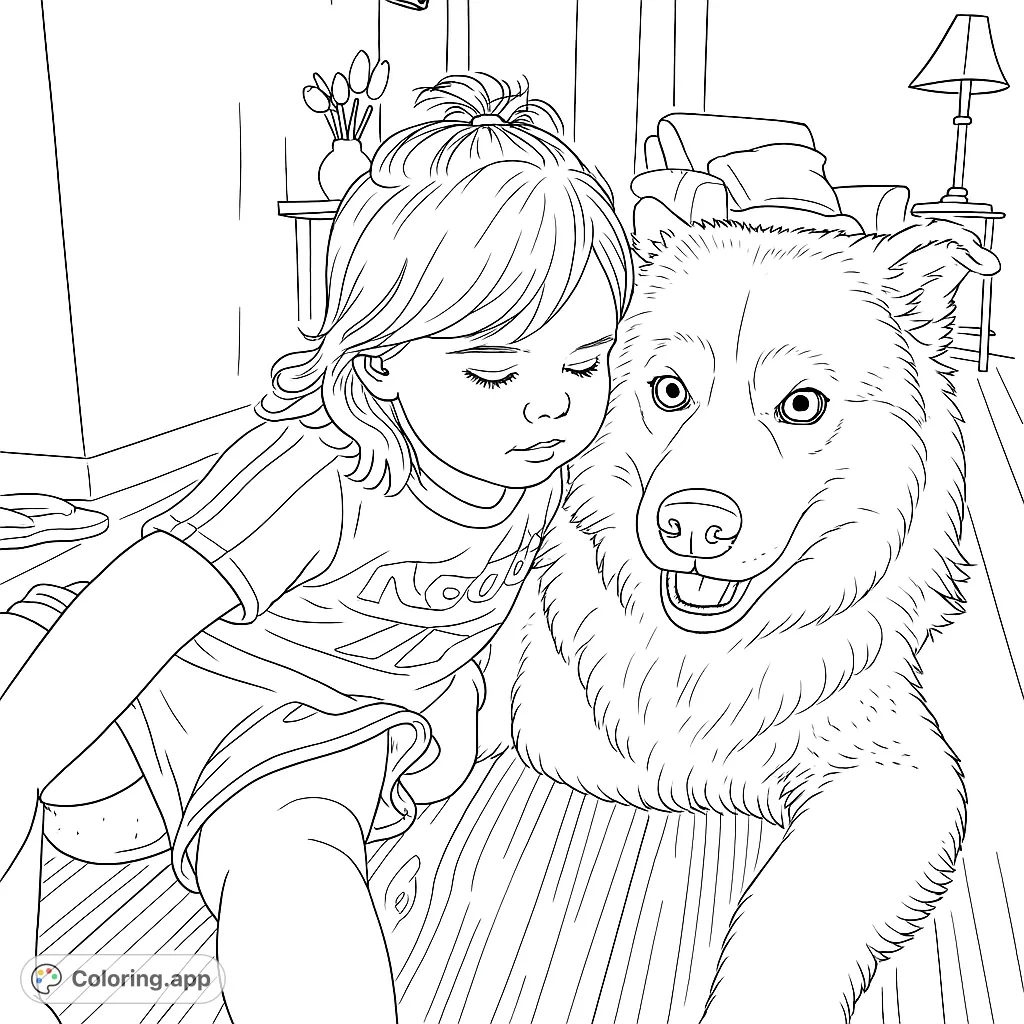 A heartwarming child and dog coloring page featuring a sweet toddler embracing a fluffy husky. Perfect for animal lovers and family fun.