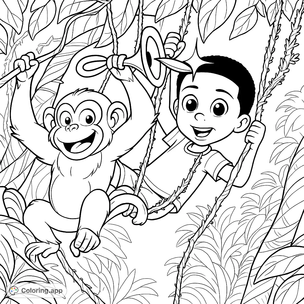 A joyful boy and a playful monkey swing on vines in a vibrant jungle, ready for a fun coloring adventure. Perfect for kids and adults!