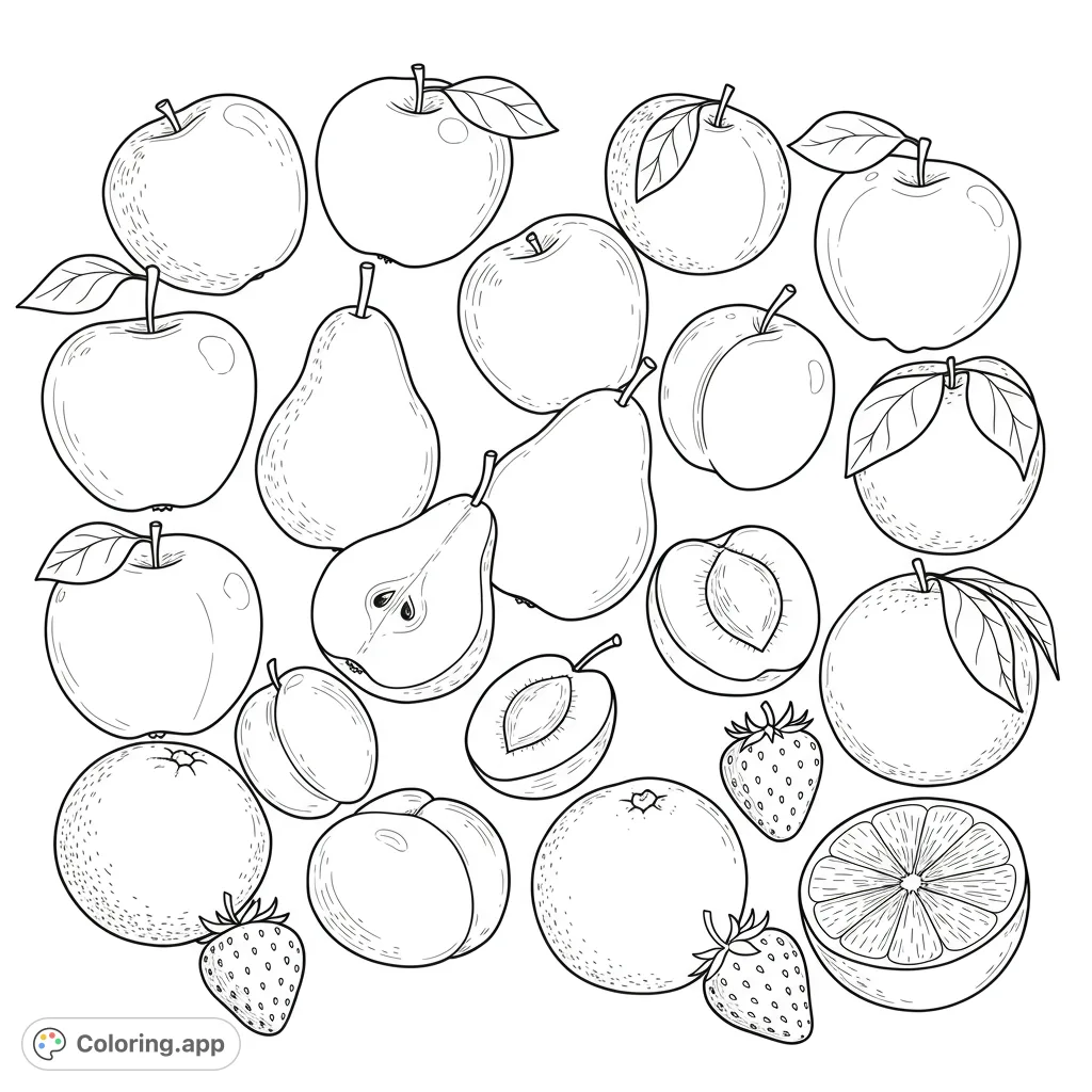 A delightful fruit coloring page featuring apples, pears, plums, oranges, and strawberries, perfect for all ages and a healthy dose of fun.