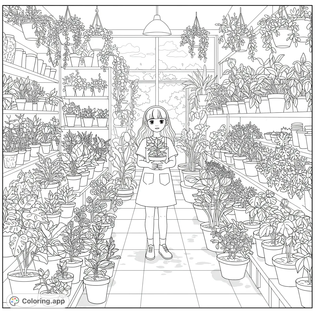 Explore a vibrant plant store scene featuring a girl holding a potted plant amidst lush foliage and shelves, perfect for nature lovers.