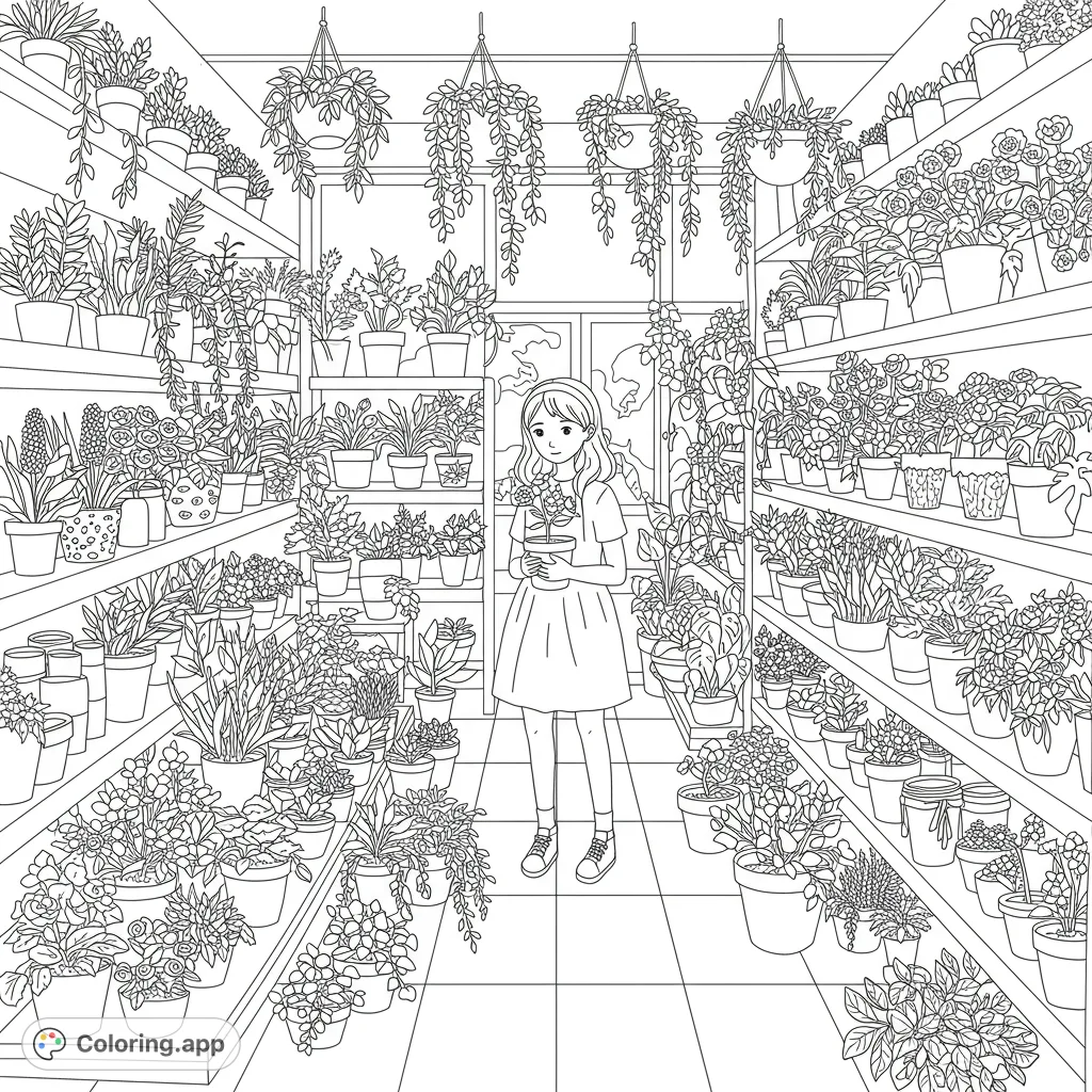 Explore a bustling plant store with a young girl holding a potted plant. Shelves overflow with diverse foliage, perfect for a relaxing nature-themed coloring page.