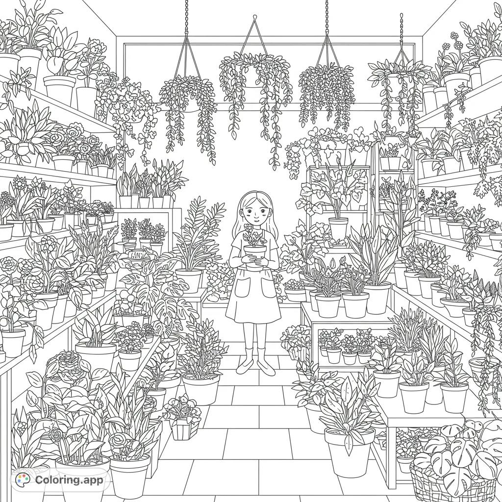 Explore a bustling plant store with a young girl holding a potted plant. Shelves overflow with diverse foliage, perfect for a relaxing nature-themed coloring page.