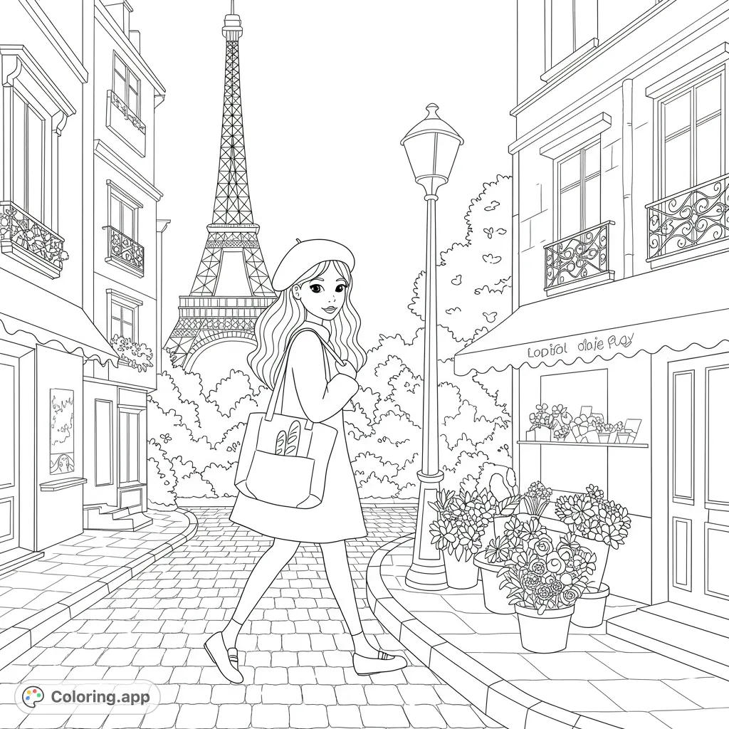 A delightful Paris coloring page featuring a girl with a beret and baguette strolling past a flower shop with the Eiffel Tower in the background. Free printable coloring page for all ages.