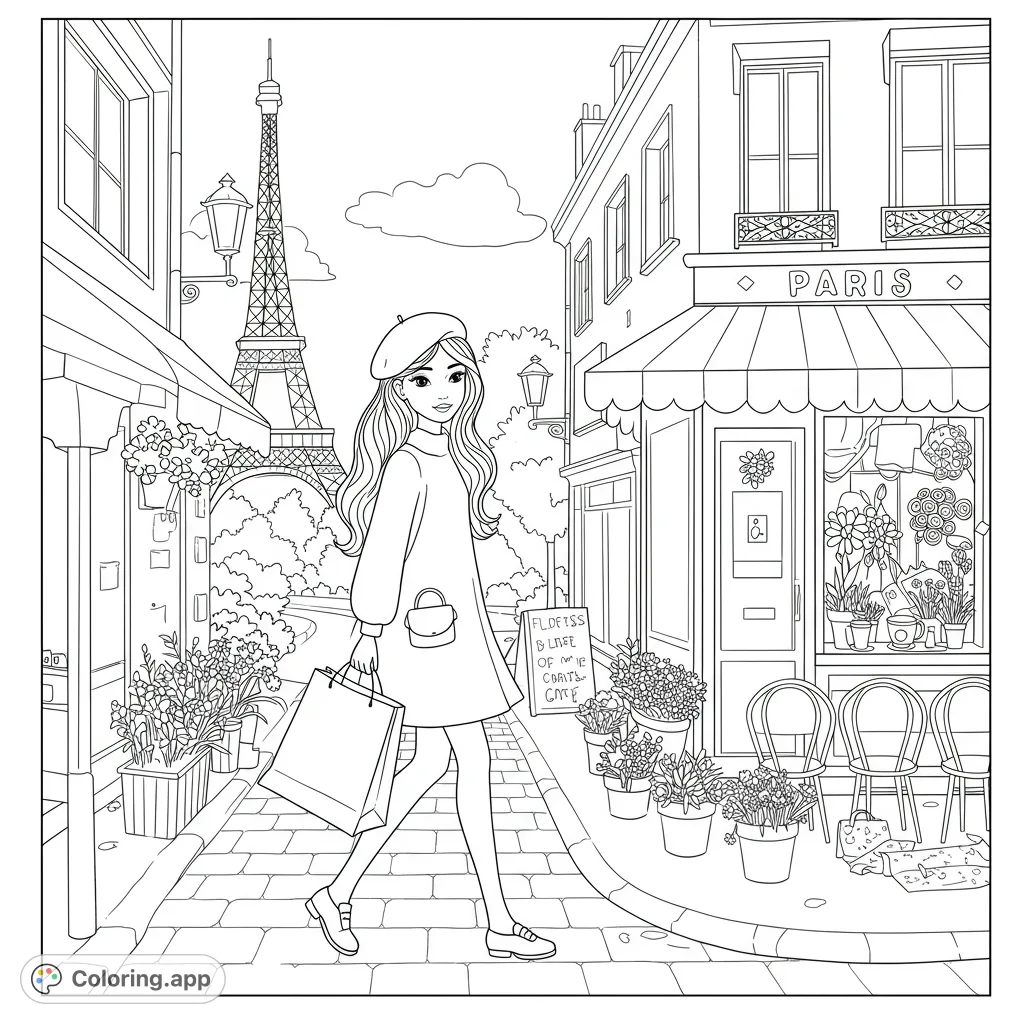 A charming Paris street scene with a stylish girl, Eiffel Tower, flower shop, and coffee shop. A delightful free printable coloring page.