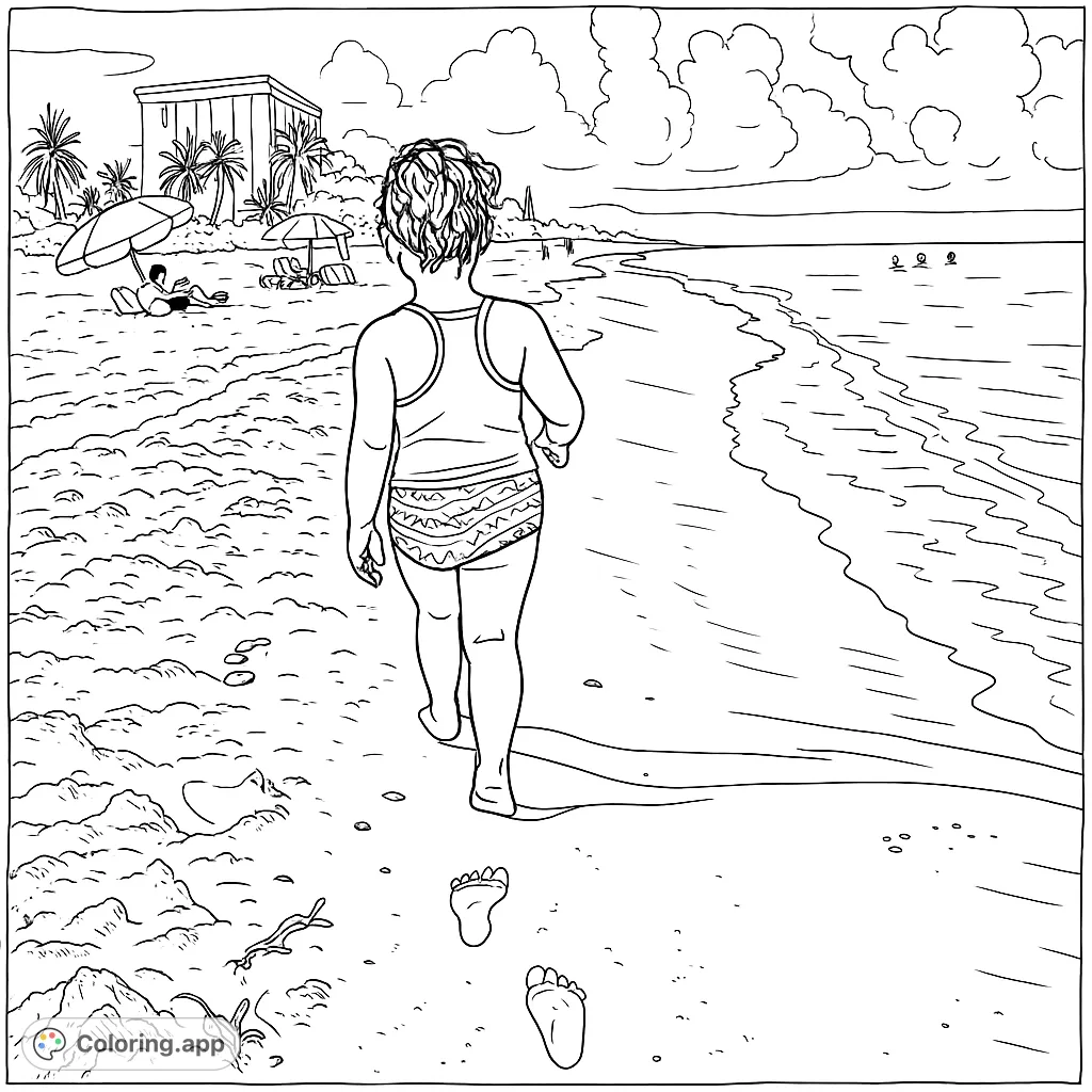 A child walks along a sandy beach, leaving footprints by gentle waves. Features distant ocean, palm trees, and a cloudy sky, perfect for a relaxing beach coloring page.
