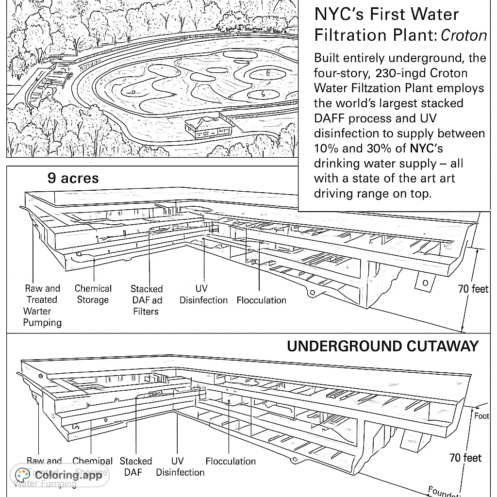 Discover NYC's Croton Water Filtration Plant, an engineering marvel hidden beneath a golf course. A unique architectural design.