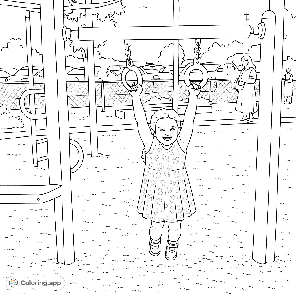 A joyful girl hangs from monkey rings on a playground, smiling brightly. A fun, free printable playground coloring page for kids and adults.