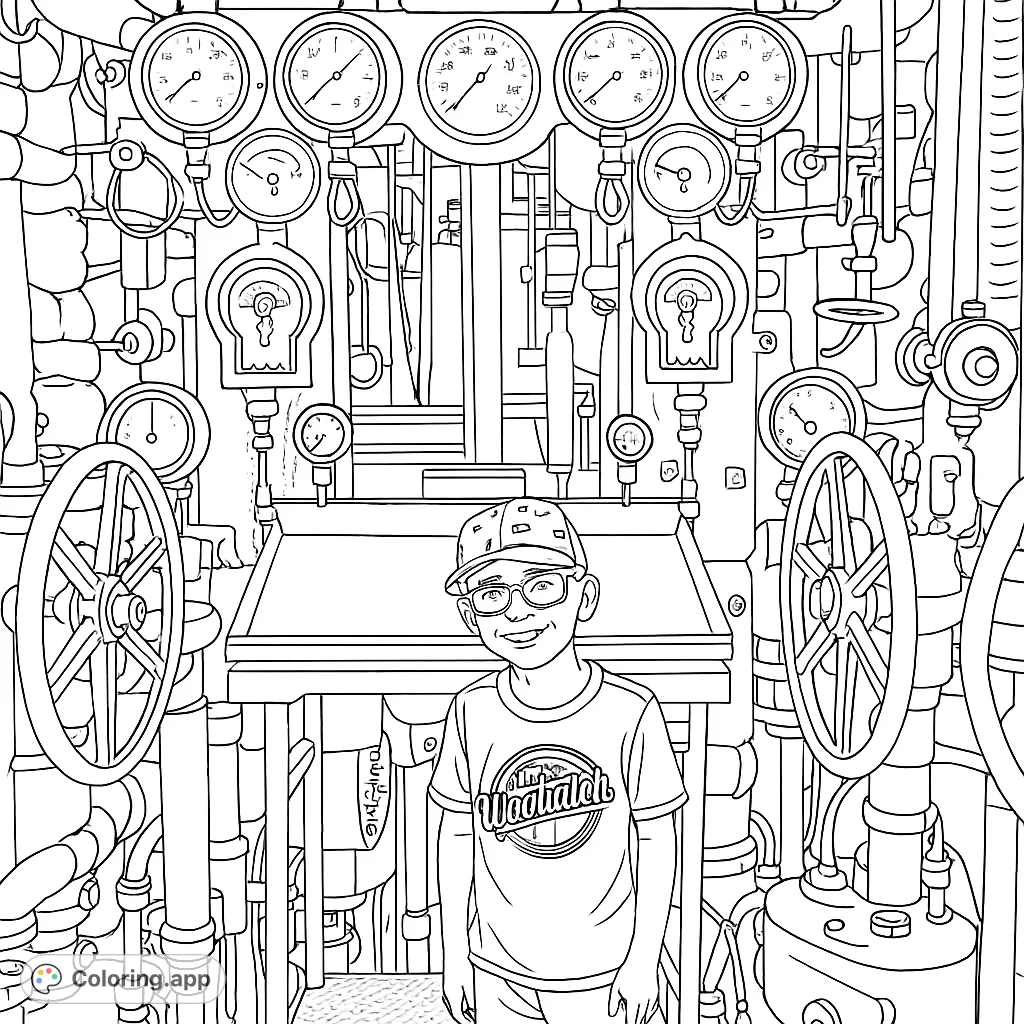 Explore a detailed submarine control room with a smiling boy amidst intricate gauges, wheels, and pipes. A fascinating mechanical adventure awaits your colors!