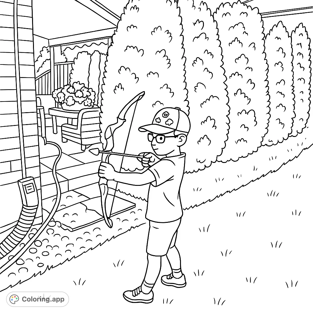 A young boy practices archery in his backyard, aiming his toy bow and arrow. A fun outdoor play scene for kids to color.
