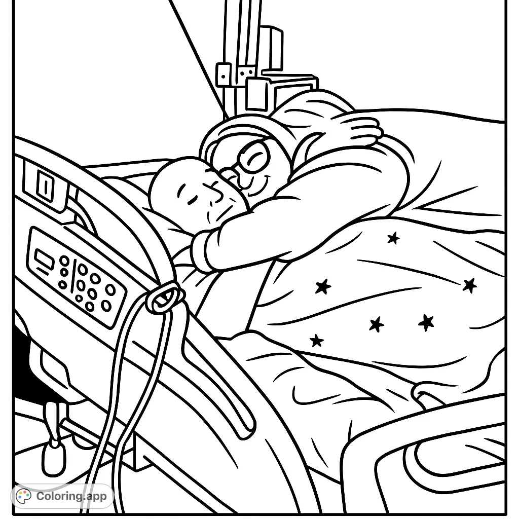A heartwarming scene of a comforting hug in a hospital bed, perfect for a simple, cartoony coloring page. Express care and connection.