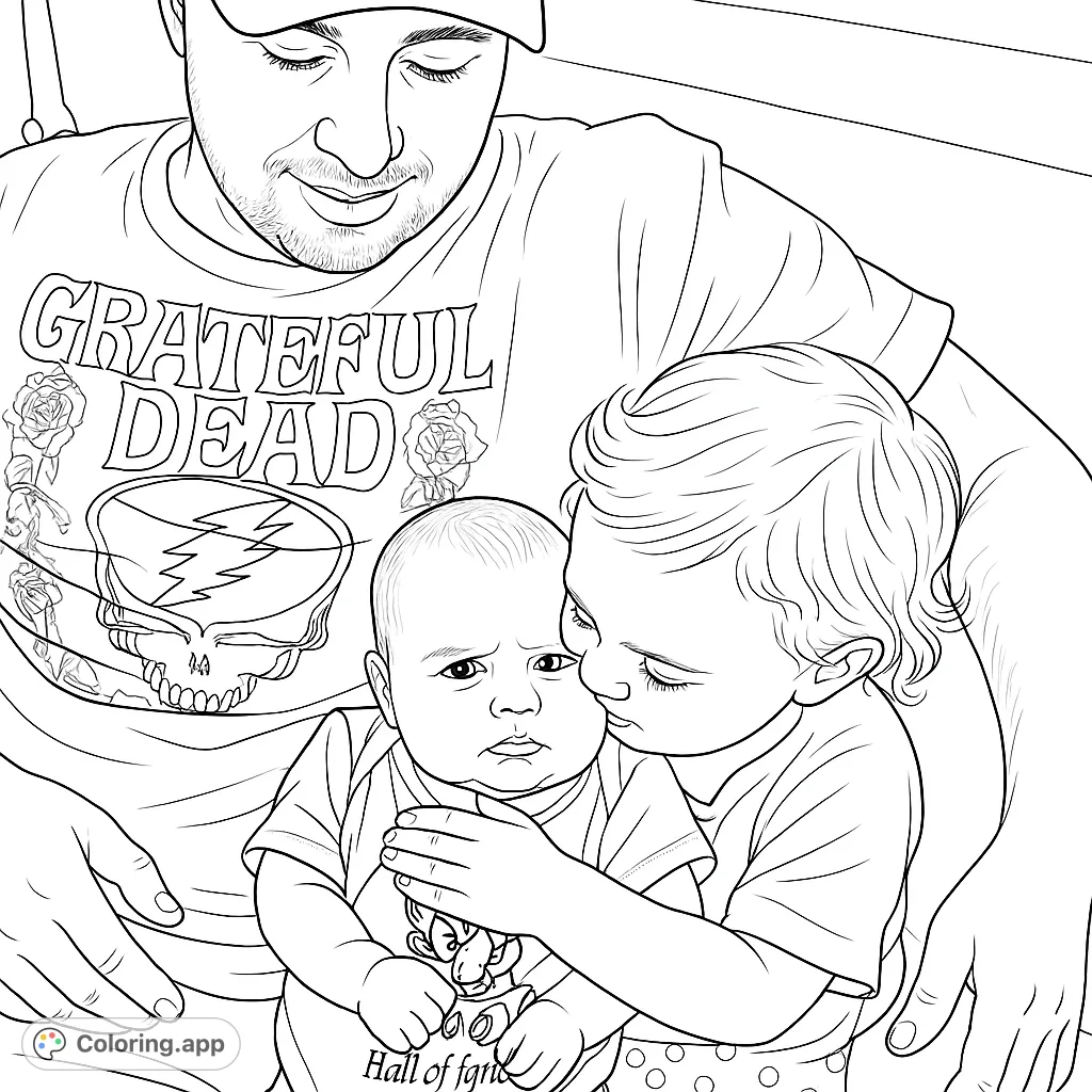 Capture a heartwarming family scene with a dad, toddler, and baby sharing a tender moment. Perfect for all ages to color and cherish.