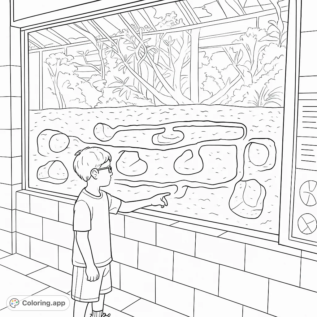 A curious boy points at an intricate ant farm exhibit, revealing underground tunnels and a leafy habitat. Perfect for nature and science enthusiasts.