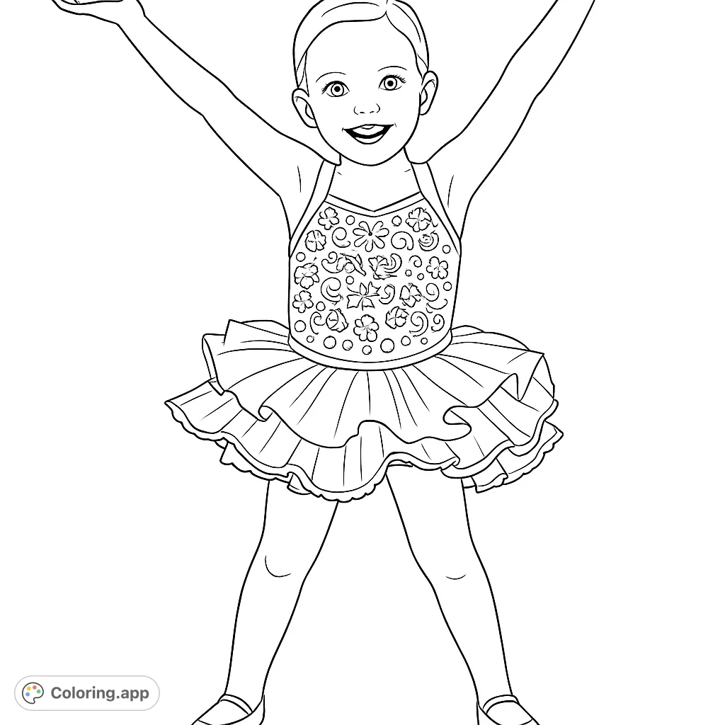 A delightful coloring page featuring a young dancer in a vibrant costume, striking a joyful pose. Perfect for aspiring performers and creative fun.