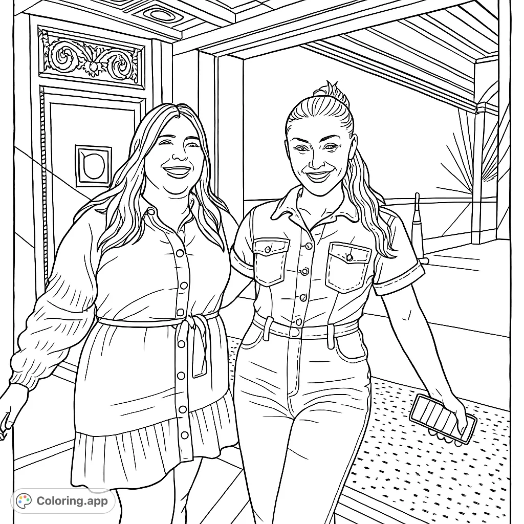 Two smiling friends in stylish denim outfits, embracing in front of an ornate building, perfect for a fun and fashionable coloring experience.