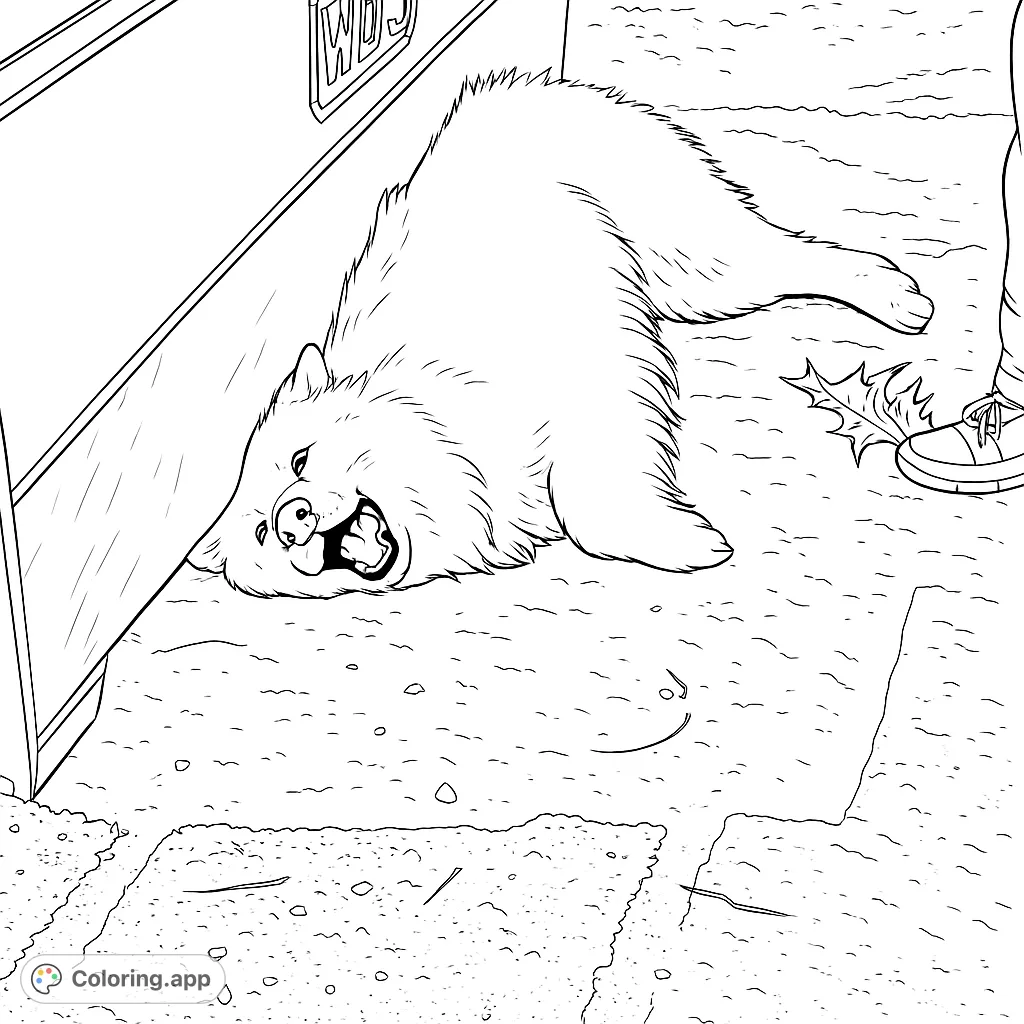 A fluffy white dog lies playfully on its back, leaning against a large object, with a happy, open-mouthed expression on a textured ground.