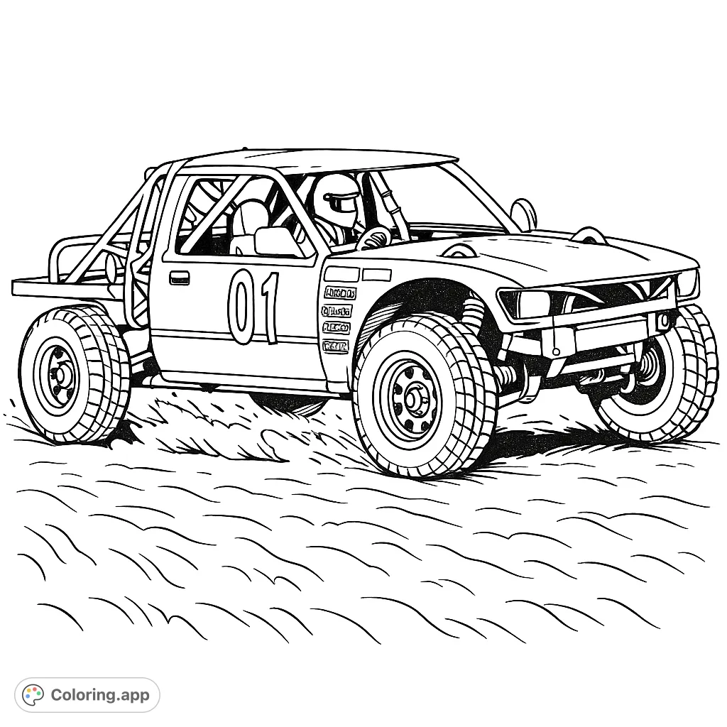 Experience the thrill of off-road racing! A powerful truck kicks up dirt, featuring knobby tires, a roll cage, and a helmeted driver.