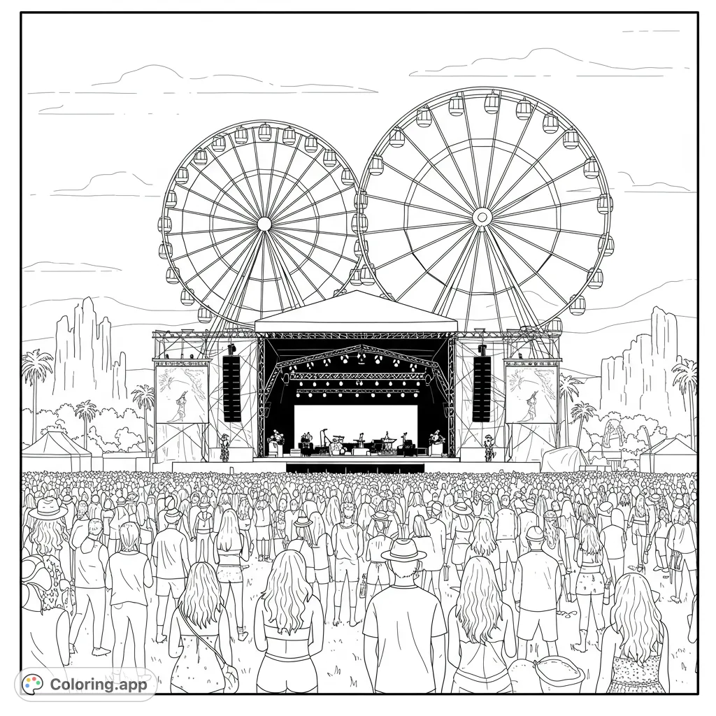 Immerse yourself in the vibrant energy of a desert music festival. A detailed Coachella coloring page featuring a stage, crowd, and iconic Ferris wheel.